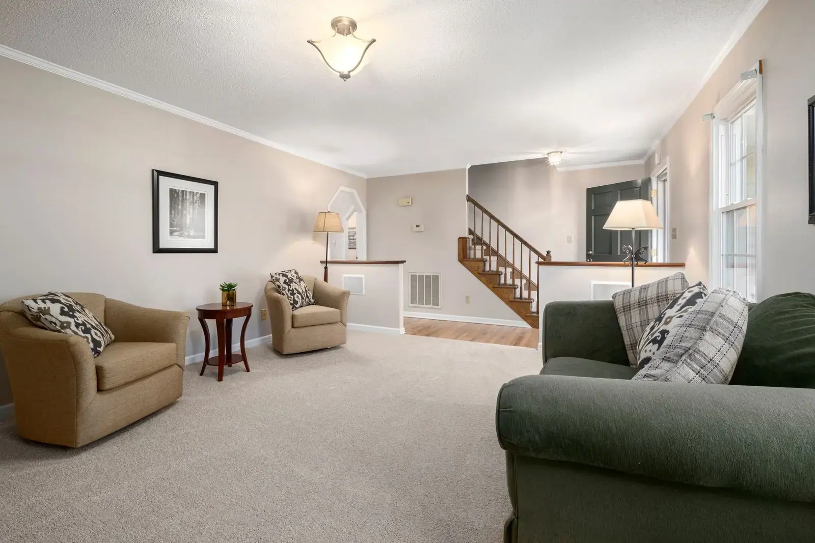 Neutral carpet fitted throughout a bright living room